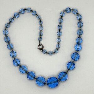 Vintage Czech Faceted Blue Glass Crystal Bead Necklace Graduated 16”